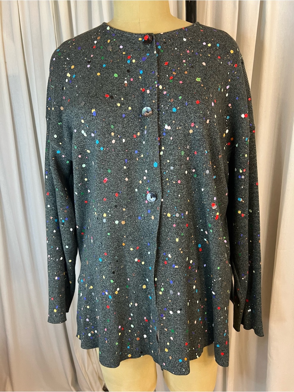Vintage 90’s Splatter Paint Confetti Speckle Knit Cardigan - Dark Gray